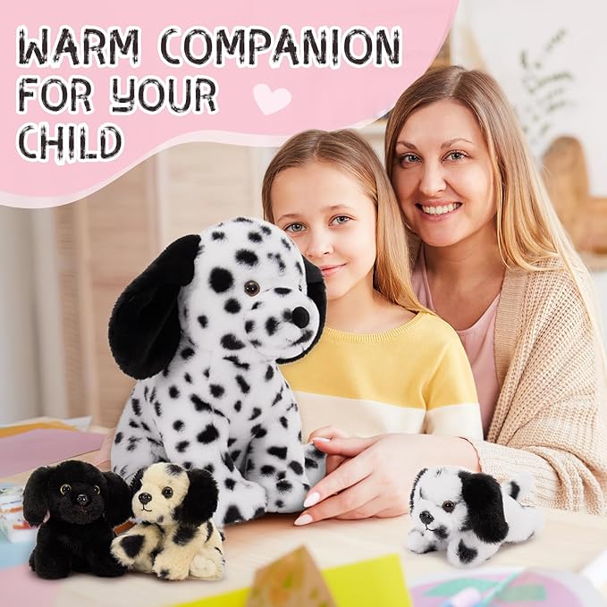 Muiteiur 4 Pcs Dog Stuffed Animals, Soft Mommy Dalmatian Stuffed Animal with 3 Puppies, 11.8 Inch Spot Stuffed Animal Dogs, Cute Plush Toys Gift for Kids Boys Girls