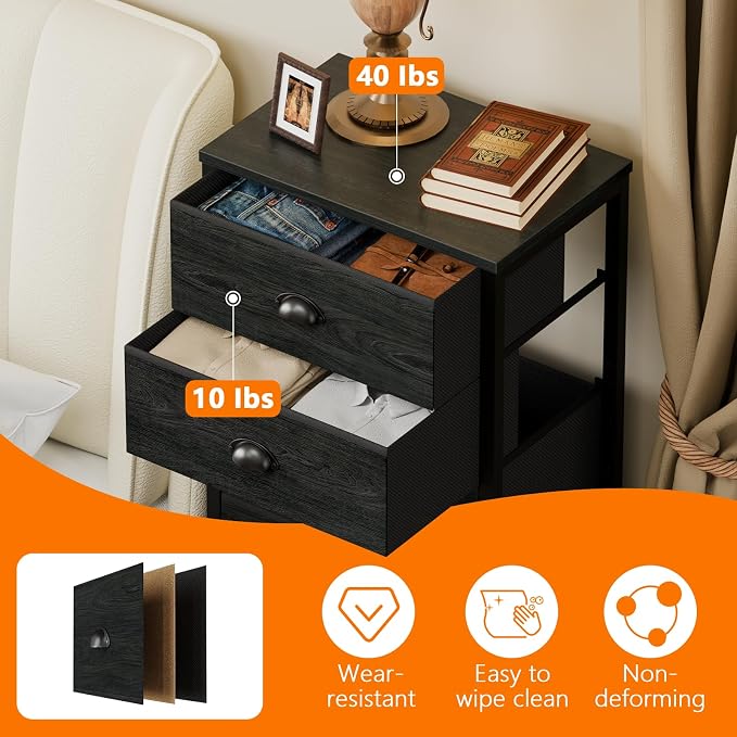 Black Bedroom Dresser, Tall Chests of Drawers with 7 Fabric Bins | Sturdy Steel Frame, Wooden Top, Organizer in Closet, Tall Nightstand for Dorm, Living Room, Hallyway-Storage Tower Unit