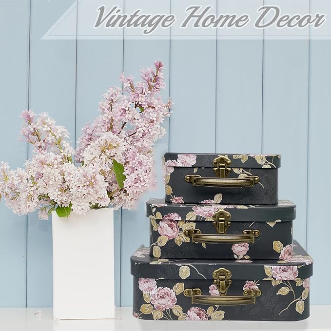 Decorative Boxes Set of 3 Decorative Storage Boxes With Lids, Cardboard box, Vintage Suitcase for Home Decoration, Photo Storage, Hat Boxes (Black Flowers)