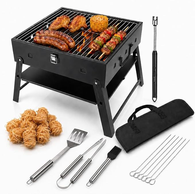 Portable BBQ Charcoal Camping Grill: Tabletop Folding Barbecue Grills | with Fire Starter Kit and BBQ Grilling Tool Set, Fathers Day Birthday Grilling Gift for Men Dad Husband
