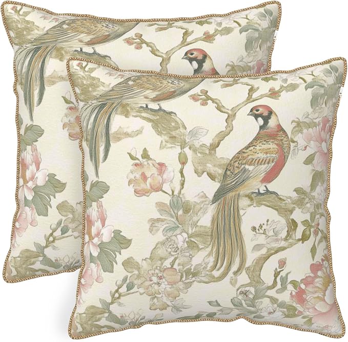 Vintage Cream Chinoiseriel Soft Velvet Throw Pillow Covers Set of 2 Bird Floral Flowers Leaves Decorative Pillow Covers 16x16 Inch Rustic Farmhouse Pillow Case For Sofa Couch Living Room Home Decor