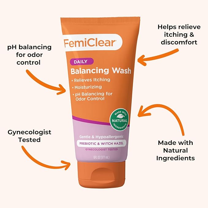 FemiClear Daily Balancing Feminine Wash, Soothing & Cleansing, 6 fl oz | Gynecologist Tested Intimate Wash For Itching, Irritated Skin & Odor, pH-Balanced, Natural & Organic Ingredients