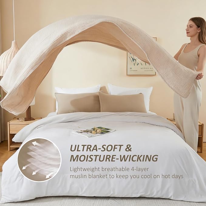 EMME Cotton Muslin King Blanket Breathable Gauze Soft Lightweight Blankets Adults Gifts for Women (Heather Beige, 108"x90")