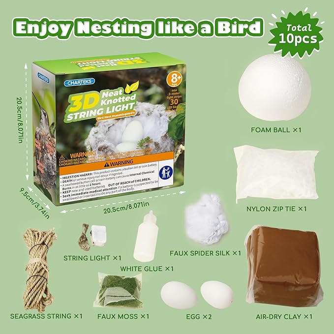 CHARTEKS Bird Nest Craft Kit with LED String Lights - DIY Nature Arts and Crafts STEM Project for Kids & Adults, Creative Home Decor Gift for Boys Girls Ages 8-12
