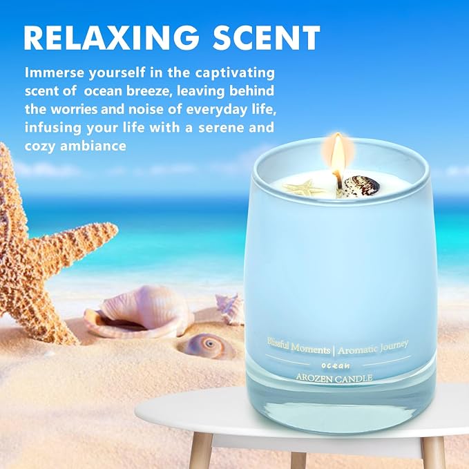 Ocean Scented Candles Gift for Women-10oz Aromatherapy Sea Beach Soy Candles for Home Scented with Healing Crystal inside-55H Burn Gifts for Valentine's Day, Birthday, Women, Mother's Day