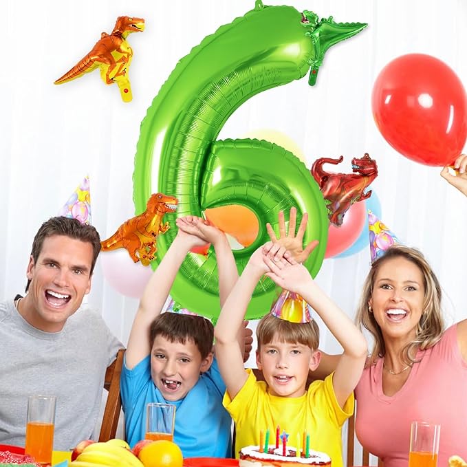 Dinosaur Green Number 6 Balloon, 40 Inch Big Large Foil Helium Green Number Balloon with 4 Pcs Mini Dinosuar, Dinosuar Balloons Set for 6 Year Old Birthday Party Decorations Supplies