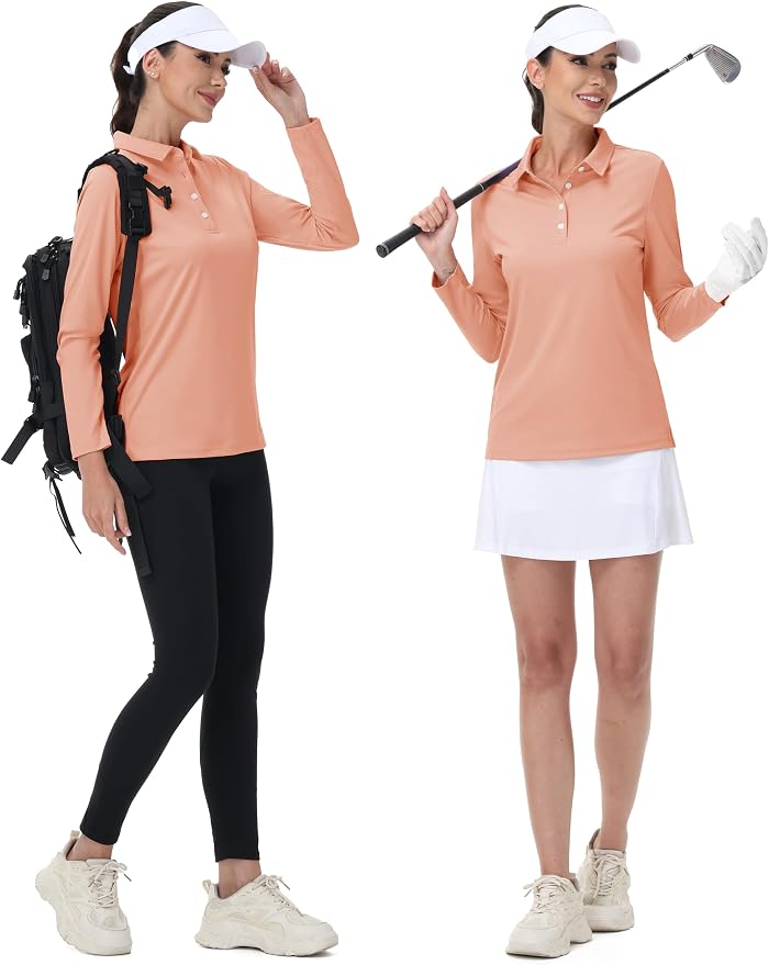 MAGCOMSEN Long Sleeve Polo Shirts for Women Golf Tops with Collar Work | UPF 50+ Sun Protection, 4 Buttons, Moisture Wicking, Breathable, 4-Way Stretch, Collared, Quick Dry, Active, Casual, Tennis