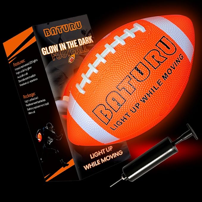 Light Up Football, Glow in The Dark Balls Toys, Junior NO 6 - Birthday Gifts for Boys Kids Teen Youth 8 9 10 11 12 Year Old, Catch Games in Backyard Evening, Camping, Beach, Outdoor (Orange+White)