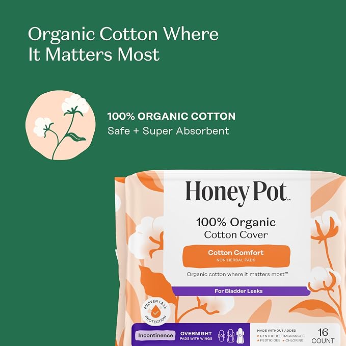 The Honey Pot Company – Incontinence Pads for Women - 64ct- Non-Herbal Overnight - Bladder Leak Control - Organic Cotton Cover & Ultra-Absorbent Pulp Core - Feminine Care