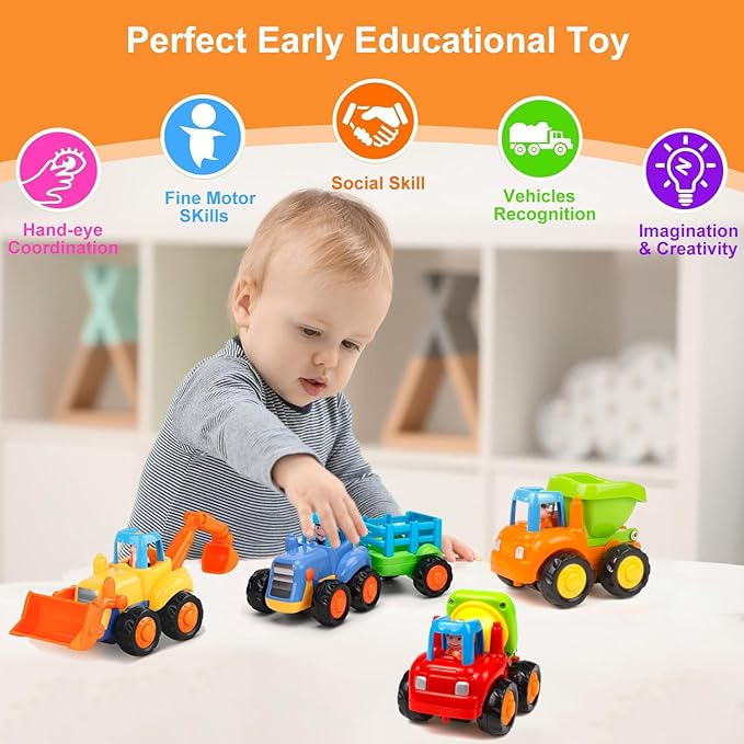 Push and Go Friction Powered Cars Construction Vehicles Toy Set Tractor Bulldozer Mixer Truck Dumper for 1 2 3 Year Old Baby Toddlers Boys Gifts