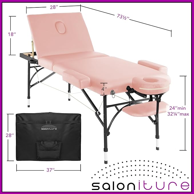 Saloniture Professional Portable Lightweight Tri-Fold Massage Table with Aluminum Legs - Includes Headrest, Face Cradle, Armrests and Carrying Case, Pink