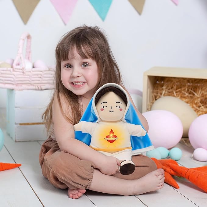 Breathing Plush Virgin Mary Doll Soothing Guardian Angel with Light & Sound,Baptism plushie Toy Gifts for Kids for Christening Religious Easter