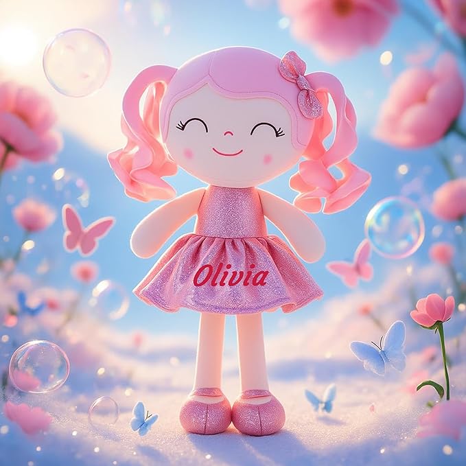 Gloveleya Personalized Baby Doll – 12” Soft Rag Doll with Custom Name Printing, Curly Hair Pink Dress, Keepsake Plush Toy, Perfect Birthday, Christmas for Girls