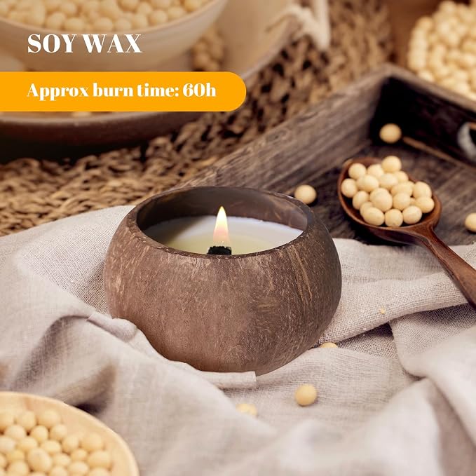 Coconut Shell Scented Candle – 60-Hour Burn, Natural Soy Wax with Essential Oils – Eco-Friendly, Handmade Aromatherapy Candle for Relaxation, Stress Relief & Home Decor (Oakmoss Amber)