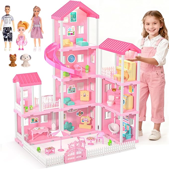 Dreamy Dollhouse Playset for Girls,Princess Doll House with 4-Story 10 areas 2 Dolls, Lights, Pets,Furniture & Accessories, Pretend-Play Toddler Playhouse Gift for 3 4 5 6 7 8 9+ Year Old Girls Toys