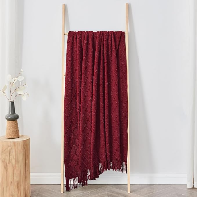 inhand Claret Knitted Throw Blanket for Couch and Bed, 50"x60" | Gifts for Mom from Daughter Son, Soft Lightweight with Tassel, Farmhouse Warm Decorative Blanket for Women, Cozy Knit