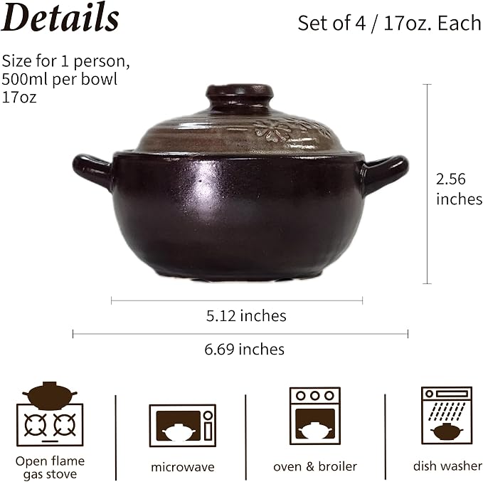 – 4-Pack Korean Clay Pots (17oz / 500ml) with Lids & Handles – Ttukbaegi Stone Bowls for Cooking Bibimbap, Donabe Style Korean Clay Cookware – Oven & Stovetop Safe