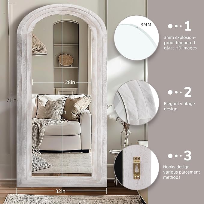 ZHUNFA Arched Full Length Mirror with Solid Wood Frame | 71x32 Farmhouse Wall Mirror Full Length with Stand, Vertical Hanging, Leaning Standing for Bedroom, Living Room, Rustic White