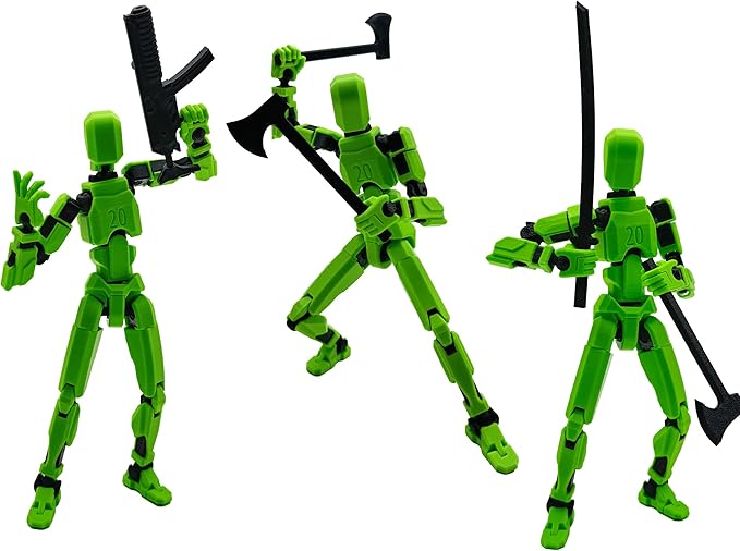 3D Printed Enlarge Body Size 8.1-inch Action Figure Dummy20, Full Body Mechanical Movable Toy, Multiple Accessories, Desk Decoration (Bracket, 3 HandsType, Weapons, Armour) (Brilliant Green)
