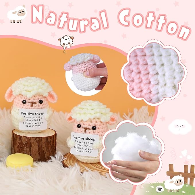 PARTY TONIGHT Positive Crochet Sheep with Affirmations Cards Sheep Gifts,Mini Knitted Positive Crochet Animals Lamb Emotional Support Crochet Sheep for Motivational Gift Sheep Decor