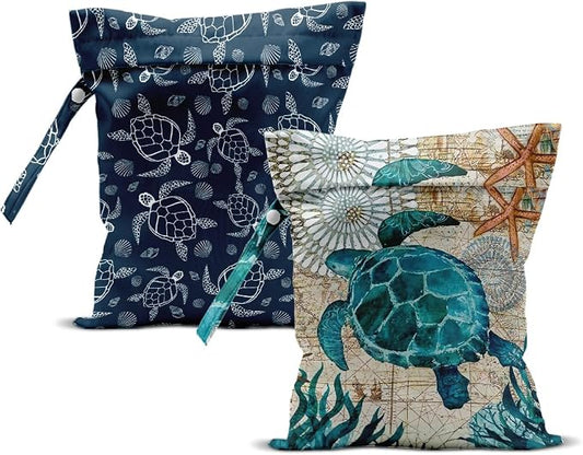 2Pcs Turtle Wet Bag 12x10 Inch, Starfish Waterproof Reusable Wet Dry Bags, Sea Weed Washable Travel Laundry Bags for Swimsuit Beach Diapers Dirty Yoga Gym Clothes, Sea Turtle Gifts for Women Friend