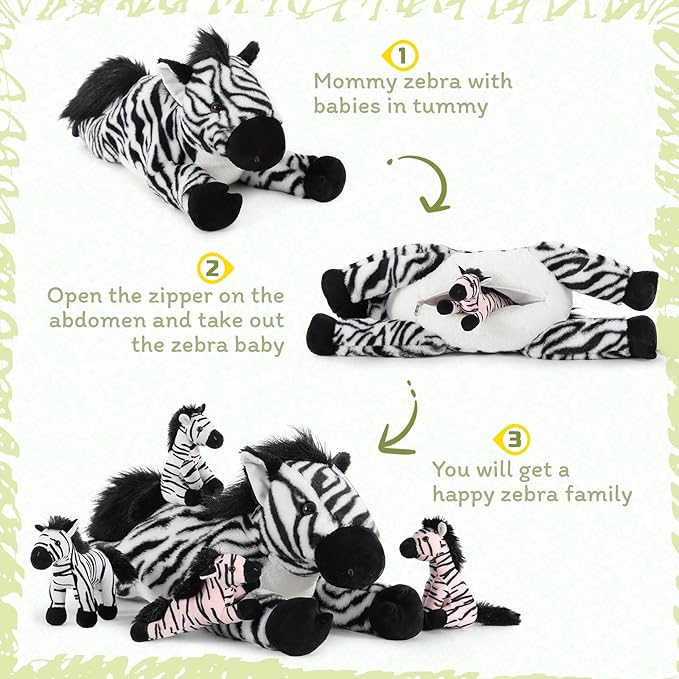 Tezituor 5-in-1 Zebra Stuffed Animals Family Set, 25 inch Realistic Mommy Stuffed Zebra with 4 Cute Babies, Large Black and White Horse Plush Pillow for Boys Girls