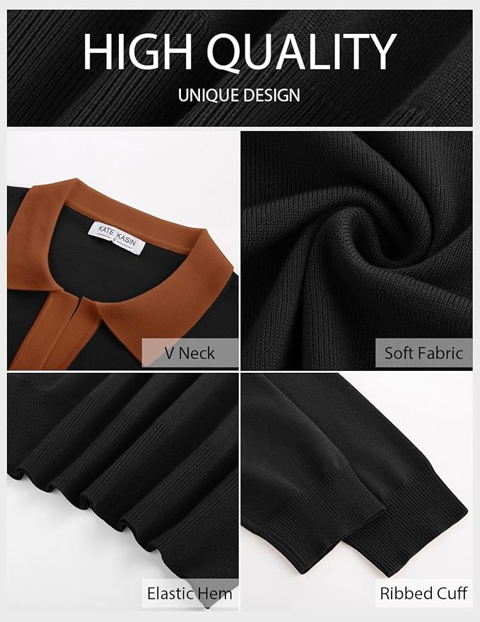 Women's Long Sleeve Classic V Neck Casual Fall Winter Polo Sweater Tops | Basic Collared Knitted Fashion Work Business Formal Daily Wear Versatile Pullover Shirts