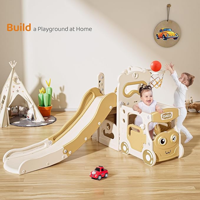 Lischwert 5 in 1 Toddler Slide, Indoor Slides Playground Set for Kids, Outdoor Slide Freestanding Playset, Toddler Playground with Basketball Hoop, Bus Playhouse and Climber for Kids Age 1+