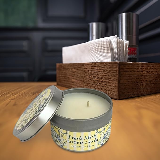 Greenwich Bay Hand-Poured Scented Candle in Decorative Tin – 4 oz/114 g Travel Candle with Lead-Free Wick, Vegetable Wax, Long-Burning Aromatherapy Gift, Single Wick – Made in USA (Fresh Milk)
