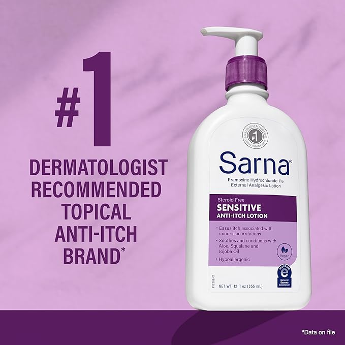 Sarna Sensitive Anti-Itch Lotion, Steroid-Free, Fragrance-Free, Vegan, Hypoallergenic, National Eczema Association Accepted, 1% Pramoxine Hydrochloride, 12 oz