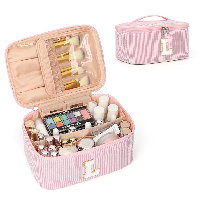 OCHEAL Makeup Bag Valentines Day Gifts for Women, Monogram Cosmetic Bag Pink Travel Makeup Case Beauty Toiletry Bag Organizer Personalized Gifts for Girls Bridesmaid, Sister, Wife, Friends Initial L