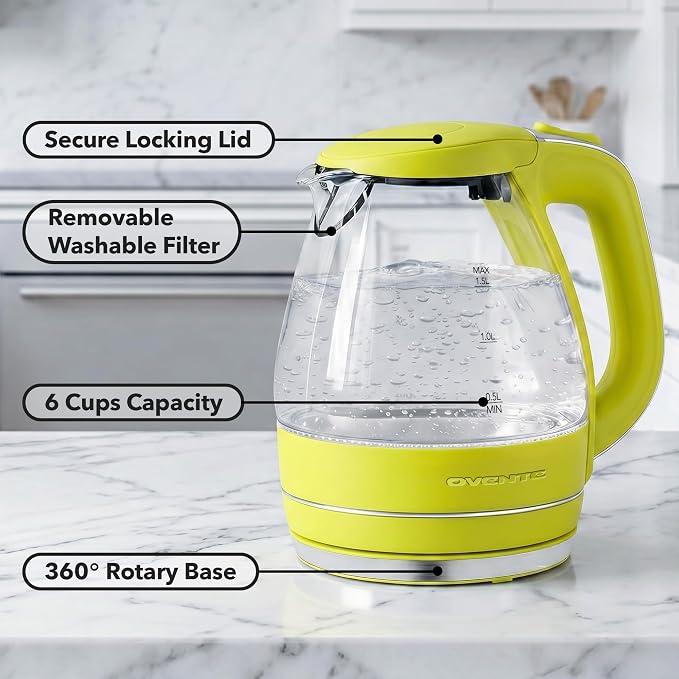 OVENTE Electric Kettle, 1.5L Borosilicate Glass Countertop Water Heater and Boiler for Coffee or Tea, BPA-Free, Auto Shut-Off, Boil-Dry Protection, Removable and Washable Spout Filter, Green KG83G