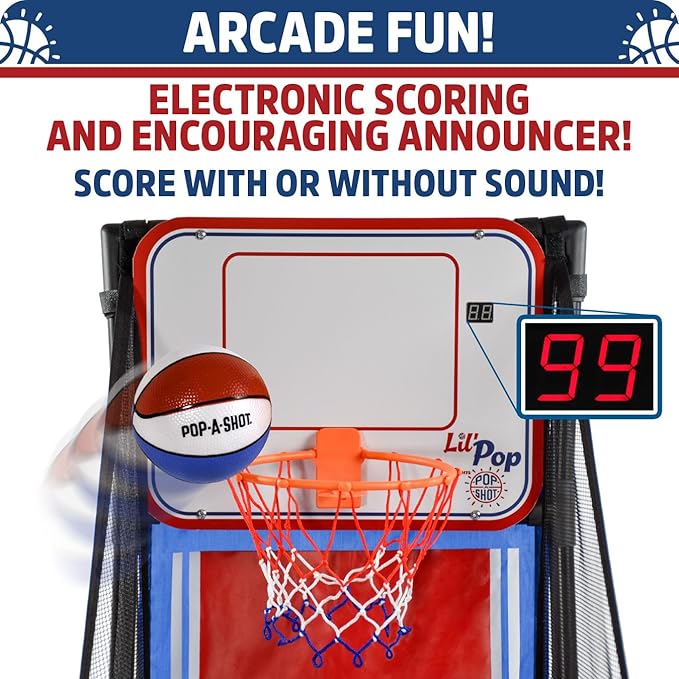Pop-A-Shot Lil’ Pop Game | Indoor Arcade Basketball Hoop for Kids Age 3-6 | 3 Balls & Sticker Pack | Electronic Scoreboard, Music, Sound FX