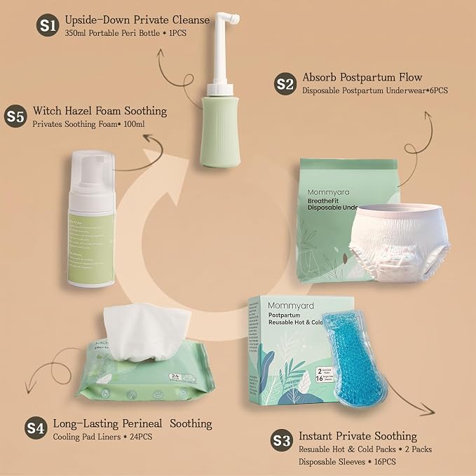 Postpartum Recovery Essentials Kit, Labor & Delivery Gift for Mom, Includes Peri Bottle, Soothing Foam, Self-Absorbent Disposable Underwear, Hot&Cold Packs, Soothing Liners, Canvas Tote Bag