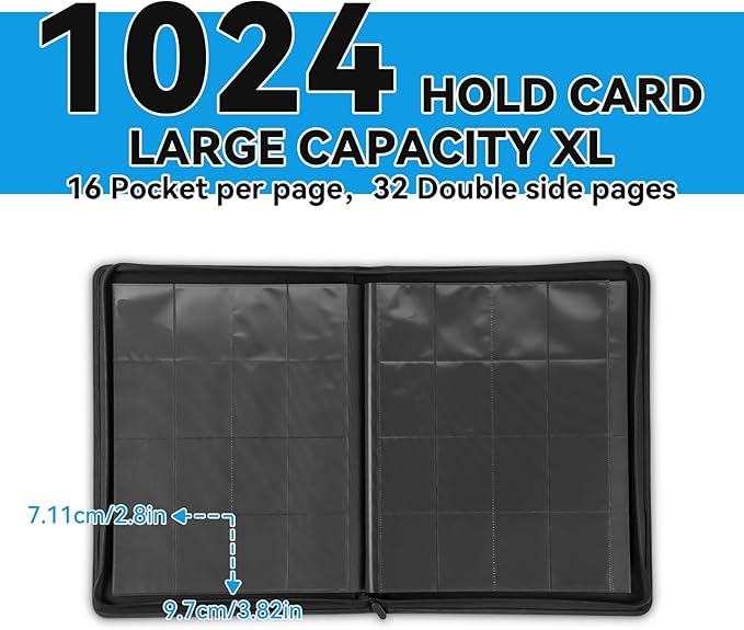 Premium 1000+ Pockets Big Trading Card Binder 1024 Capacity 16-Pocket Ringless Double Sided Zipper Pocket Card Binder Collector Album for MTG,Sports Cards & Standard Size Cards