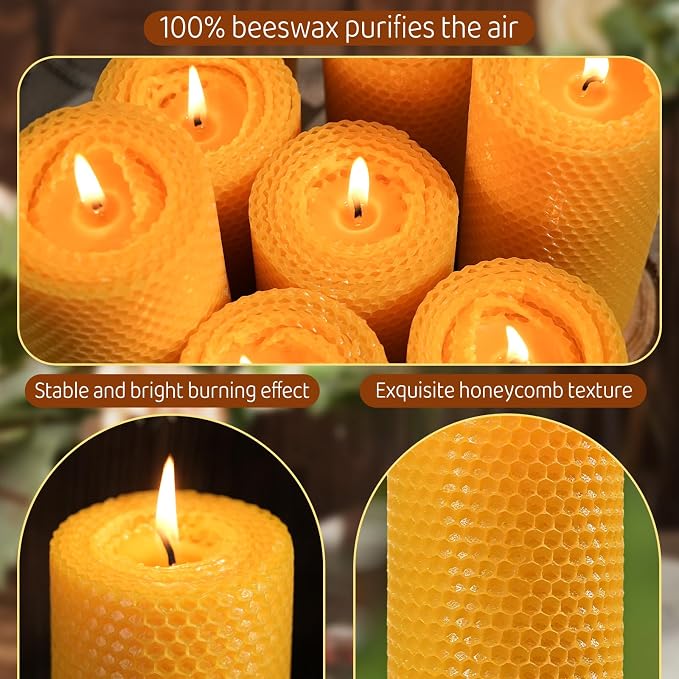 2 Pack Beeswax Pillar Candles, 90 Hours 2.8x6 Inch Hand-Rolled Large Beeswax Pillar Candles, Handcrafted Honeycomb Bees Wax for Home, Candle Lovers (2.8x6 in)