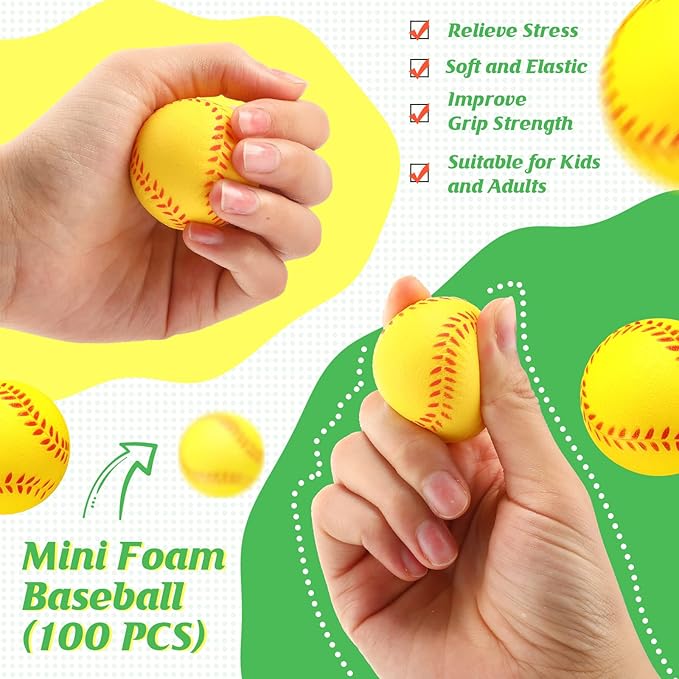 HyDren 100 Pack Mini Softball Stress Ball Bulk Foam Yellow Baseball Squeeze Balls Sport Toy with Storage Bag Party Favors for Anxiety Relief School Carnival Reward Christmas Stocking Fillers (4cm)