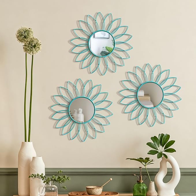 3 Pack Metal Mirrors for Wall Sunburst Wall Mirrors Home Décor Decorative Hanging Wall Art for Living Room Bedroom Entryway (Greenish Blue, Flowers)