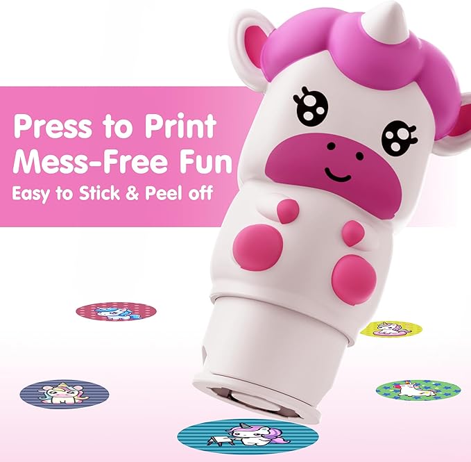 iPlay, iLearn Unicorn Stamp & Sticker Toy, 400+ Stickers & 18-Page Stamper Activity Book, Toddler Art Crafts Kit for Road Trip Travel, Creative Educational Birthday Gift 3 4 5 6 7 8 Year Old Girls Kid