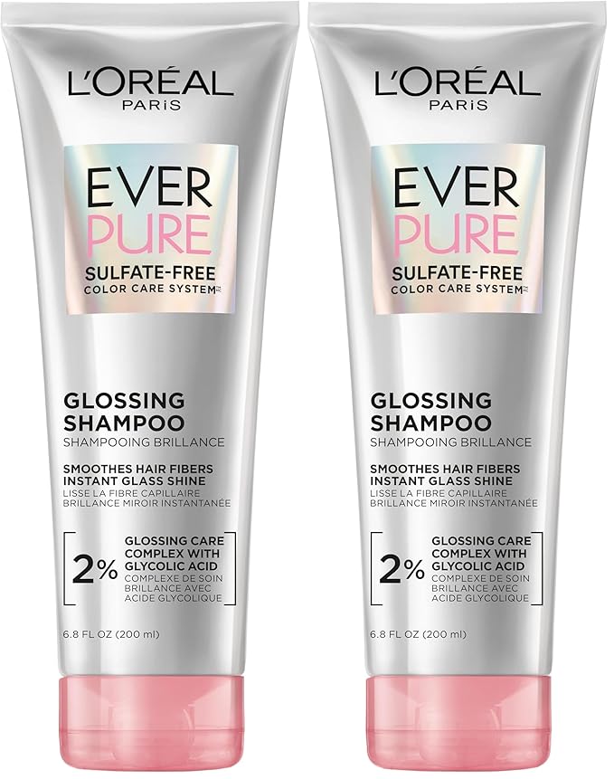 L'Oreal Paris Glossing Sulfate Free Shampoo with Glycolic Acid, Hair Care for Lasting Shine and Smoothness for Dull, Dry Hair, EverPure, 6.8 Fl Oz, (Pack of 2)