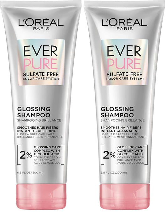 L'Oreal Paris Glossing Sulfate Free Shampoo with Glycolic Acid, Hair Care for Lasting Shine and Smoothness for Dull, Dry Hair, EverPure, 6.8 Fl Oz, (Pack of 2)