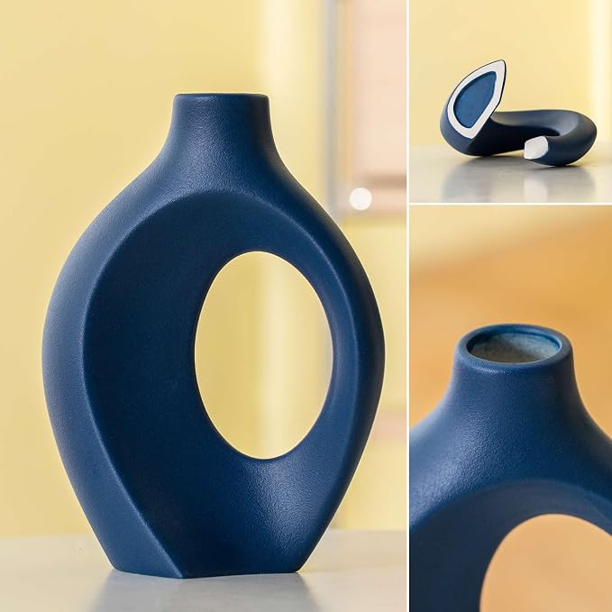 Snuggle Hollow Ceramic Vase Set of 2, 8.4 inch Modern Nordic Coastal Shaped Pampas Grass Aesthetic Decorative Table Vases for Home Decor (Matte Navy Blue - M)