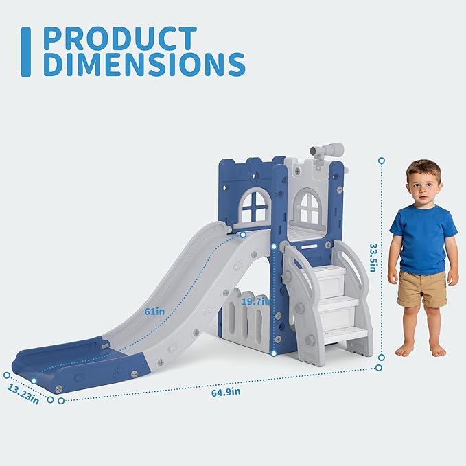 6 in 1 Toddler Slide Playset, Kids Indoor Outdoor Playground with Basketball Hoop,Storage and Telescope,Toddler Climber Slide Activity Center
