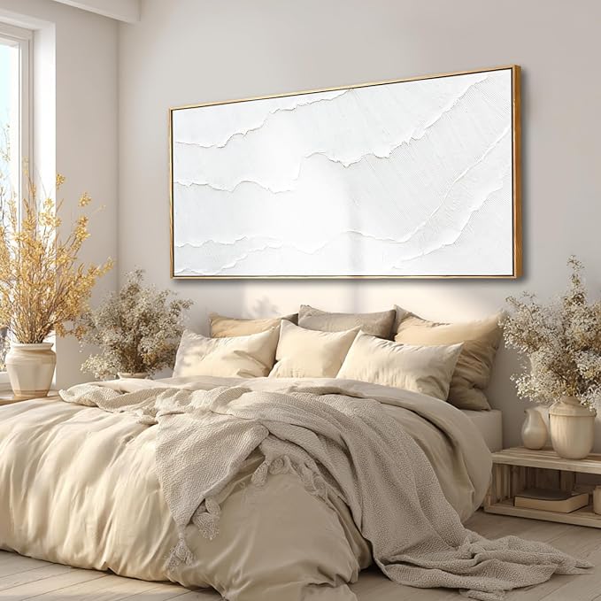 Large Framed White Abstract Wave Canvas Wall Art for Living Room 29x58 Inch