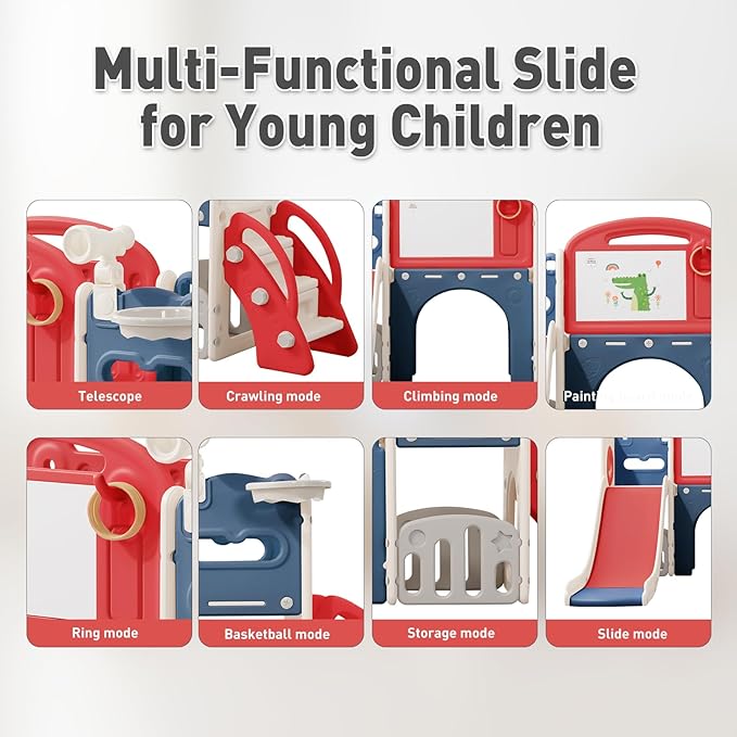 Outdoor Toddler Playset with Slide Set,Indoor Playground for Toddlers 1-3, Climber Play Set with Telescope Basketball Hoop,Tunnel Playhouse and Jungle Gym