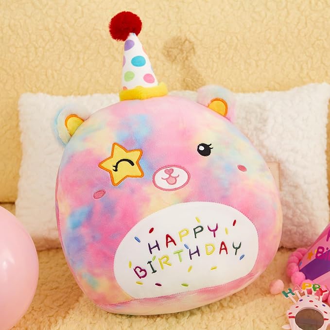 Athoinsu 14" Happy Birthday Bear Plush Pillow Cute Rainbow Stuffed Animal Soft Kawaii Birthday Plushie Star Wink Funny Pillows Home Room Decoration Gifts for Toddlers Kids Girls