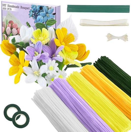 400 Pcs Pipe Cleaners Craft,6 Assorted Colors Pipe Cleaners Bulk, Chenille Stems for DIY Flower Making Kit with Floral Wires, Gardening Tape,Stamen& Ribbon (Yellow)