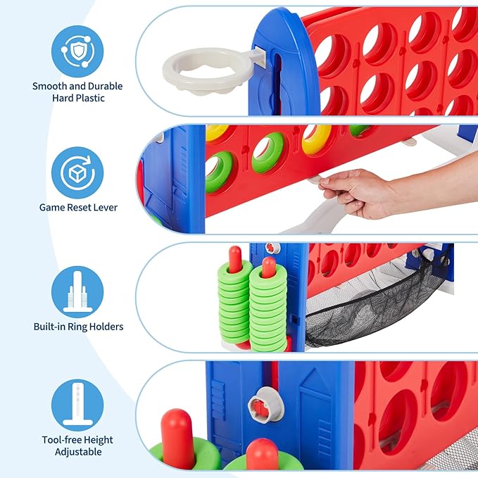 Giant 4 in a Row Game with Carrying Bag, 4-in-1 Giant Connect-4 Game Set with Golf,Basketball,Ring Toss and Mesh Fabric, 3-Level Height Adjustable for Kids & Adults,Large Connect-4 for Family Fun