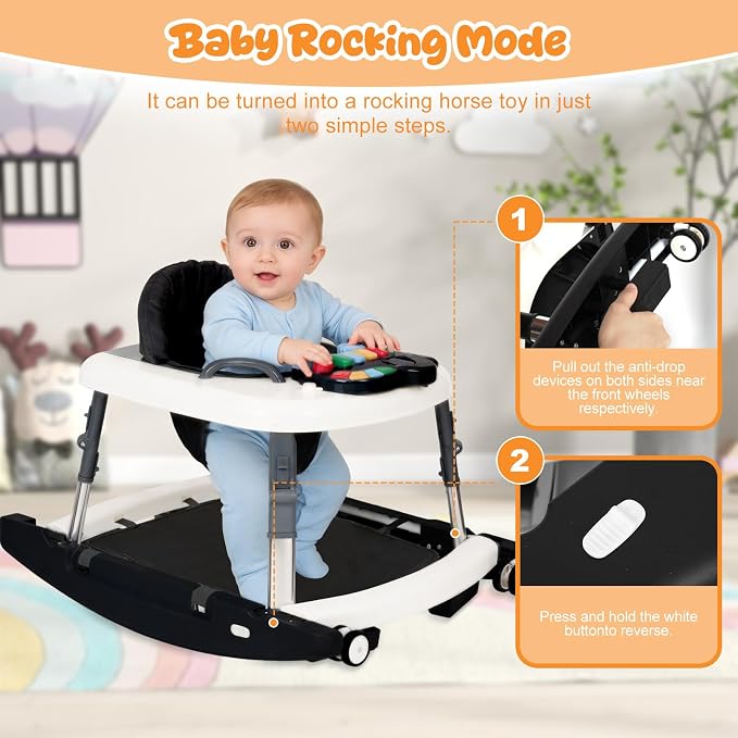 5-in-1 Baby Walker for Boys and Girls Music and Lights 6-18 Month, Foldable Baby Walkers with 5 Adjustable Heights, Infant Toddler Walker with Wheels and Combo Portable(Black)