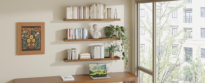 ROGMARS 36 Inches Long Walnut Floating Shelves | Rustic Solid Wood Farmhouse Wall Shelves with Invisible Brackets for Bathroom, Living Room, Bedroom, Kitchen Set of 3